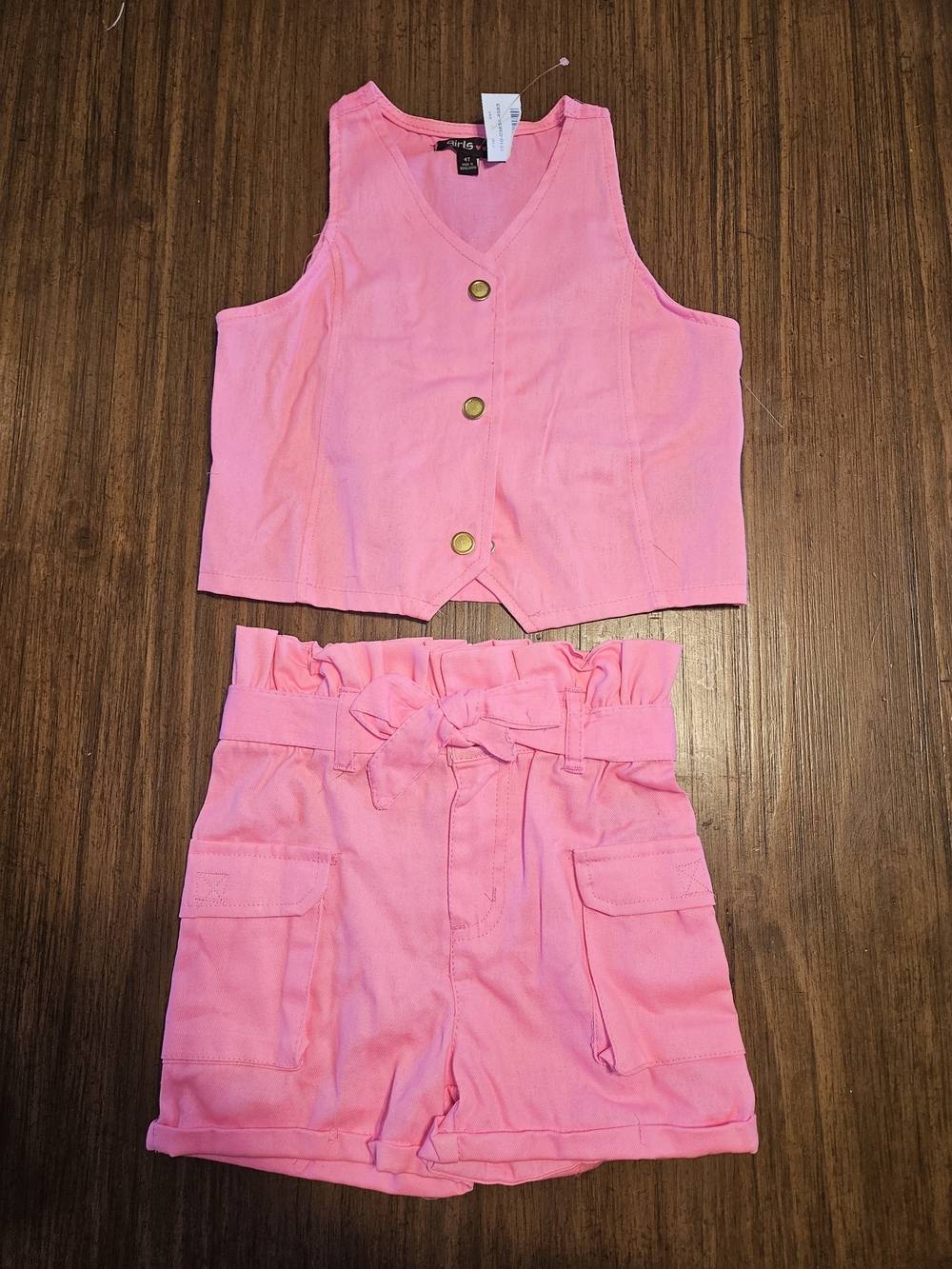 Girls Pink Button-Front Vest & Paperbag Waist Shorts Set
